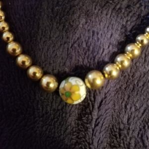14K gold necklace with 14K gold beads and one cloisonne bead
